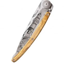 Deejo Tattoo 37g Knife With Olive Wood Handle, Lighthouse