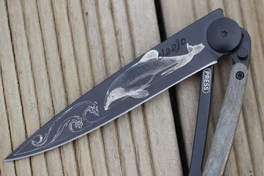 Deejo - NZ Series Deejo Black 37g Knife With Blue Beech Wood Handle, Hector Dolphin