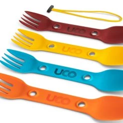UCO Utility Spork 4-Pack With Lanyard Red/Blue/Yellow/Orange Camp Kitchen